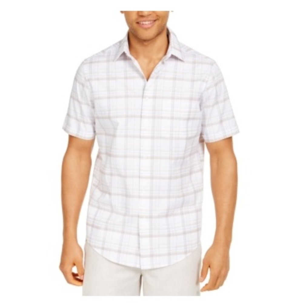 NWT TASSO ELBA White Plaid Collared Classic Fit Button Down Shirt S $55 P0043